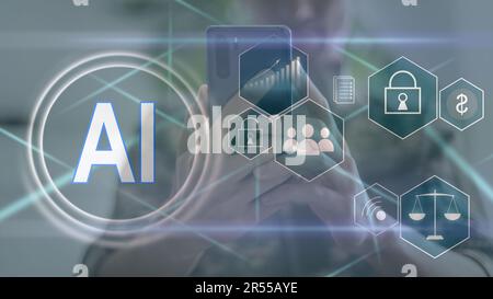 Ai technology. Businessman using labtop touching and connecting chat ai virtual screen white icons. Stock Photo