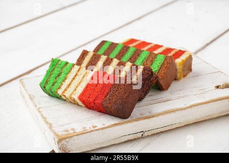 Malaysian dish Kek Lapis Sarawak or Sarawak layered cake with beautiful various colors. A similar cake in Indonesia is also known as Kek Lapis Legit o Stock Photo