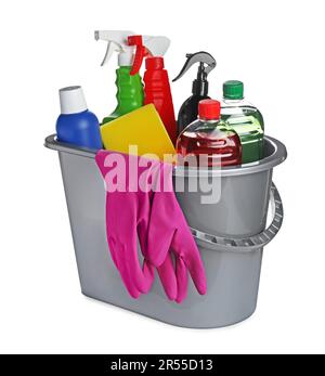 Grey bucket and many different car wash products on white background Stock Photo