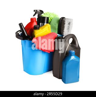 Bucket with cleaning supplies on white wooden surface at car wash Stock  Photo - Alamy