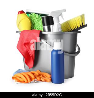 Grey bucket and many different car wash products on white background Stock Photo