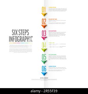 Vector light six steps progress vertical template with big triangle pyramid arrows and numbers, descriptions. Light version with big step numbers on f Stock Vector