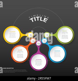 Vector dark rounded steps template made from six circle shapes with descriptions and icons and rainbow colorful objects. Dark infochart with color ste Stock Vector