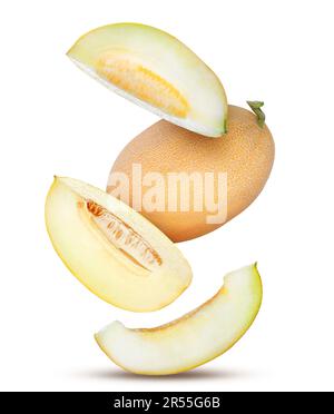 Delicious ripe melons falling on white background Stock Photo