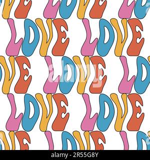 Vector seamless pattern -Y2k groovy quote LOVE lettering. Funky retro aesthetic prints for modern fabric design with melting organic shapes. Stock Vector