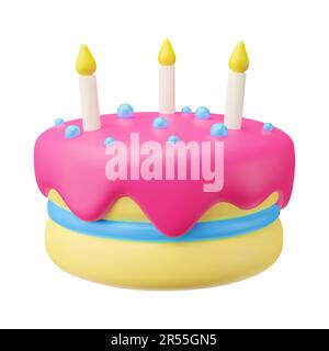 3D plastic cake with cream, candy balls, candles. Color cute dessert isolated on white background. Sweet bake sign of gender party, Happy Birthday, ce Stock Vector