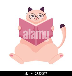 Cute cat in glasses reading book flat vector icon illustration. Cat study isolated on white background. Flat Cartoon Style Stock Vector
