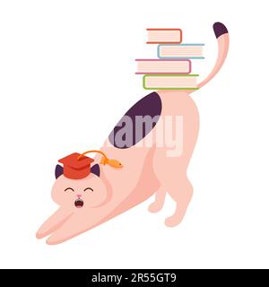 Cat character study with book in flat style. Stretching cat with books isolated on a white background. Stock Vector