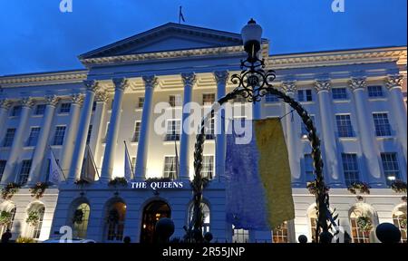 The Victorian Queens Hotel at dusk, The Promenade, Cheltenham, Gloucestershire, England, UK,  GL50 1NN - opened 1838 Stock Photo