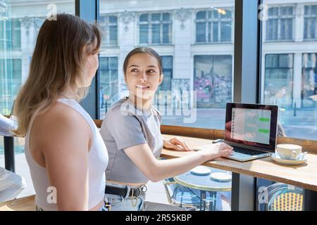 Two young female friends in cafe using laptop to chat with friends Stock Photo