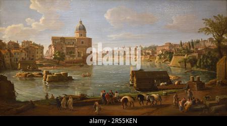 View of Rome with Basilica di San Giovanni Battista dei Fiorentin & Tiber River Rome Italy by Caspar van Wittel (1653-1736)(Musée Granet) Stock Photo