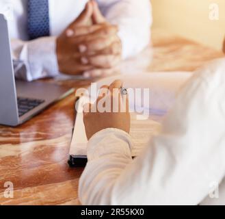 Hands, notebook and writing with a human resources meeting for a job opportunity or vacancy. Flare, interview and recruitment with an hr manager Stock Photo