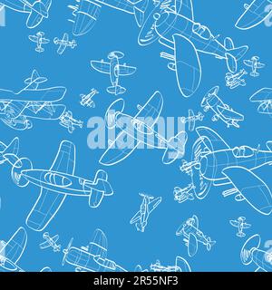 Vector seamless pattern with outline aircraft. Kids background with planes. Funny airplanes Stock Vector