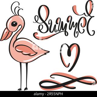 Hand written lettering word summer and pink flamingo. Cute summer design for postcard, banner or card. Funny exotic bird summer print, vector Stock Vector