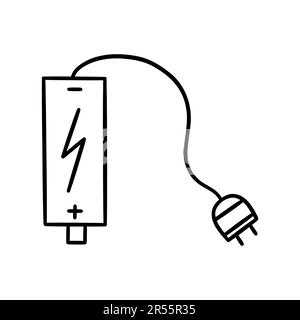 Battery with cord and electrical plug. Charging station concept. Vector black and white isolated illustration hand drawn doodle Stock Vector