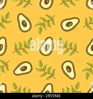 Seamless pattern with half avocado and twigs with leaves. Yellow background. Vector illustration hand drawn Stock Vector