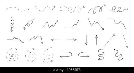 Set of arrows in different directions and different shapes. Design elements. Collection of simple pointers. Black and white vector isolated illustrati Stock Vector