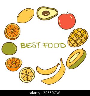 Set of ripe fruits form circle. Inscription best food. Useful vitamins, summer season. Bananas and mango, orange and apple, lemon and lime, avocado. C Stock Vector