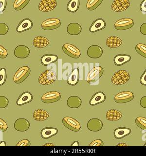 Seamless pattern with ripe mango cut in half and avocado. Green background. Vector illustration hand drawn doodle. Sweet fruit, summer vitamin, vegeta Stock Vector