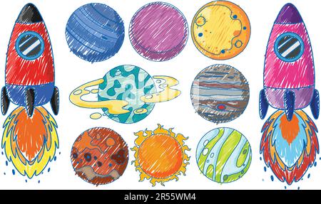 rocket and planets in pencil colour sketch simple style illustration 2r55wm4