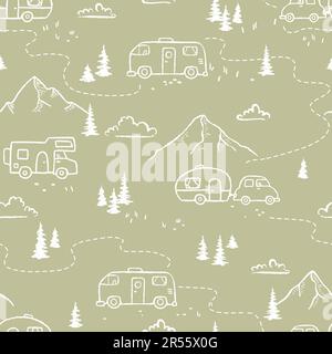 Road trip seamless pattern, doodle camper vans, vanlife, adventure - great for textiles, banners, wallpapers - vector design Stock Vector