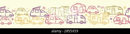 Cute doodle Camper Vans, Caravans and Motorhomes - seamless pattern, hand drawn background, great for textiles, banners, wallpapers. Stock Vector