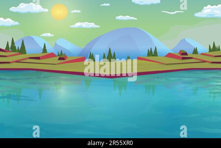 Evening village scene landscape cartoon background of green meadows and surrounded by trees and mountains. Stock Vector