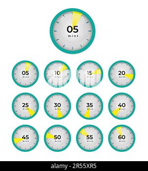 Set of cartoon style decent timer clocks with five minutes gap vector illustration Stock Vector