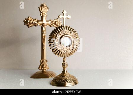 Ostensory for worship for Catholic church ceremony. Corpus christi. Stock Photo