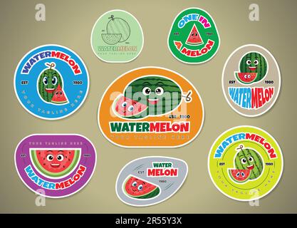 Set of watermelon summer fruits labels and stickers or badges template for packaging isolated on gradient background vector illustration Stock Vector