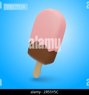 3D render of chocolate popsicle with pink icing and sprinkling. Fast food, sweet, summer dessert. Bright Illustration in cartoon, plastic, clay 3D sty Stock Vector