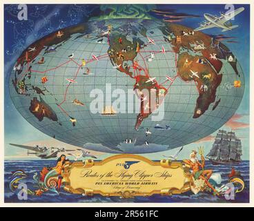 Pan American poster 1941, Routes of the Flying Clipper Ships. Decorative World Map showing air routes of Pan Am - Helgura artwork Stock Photo