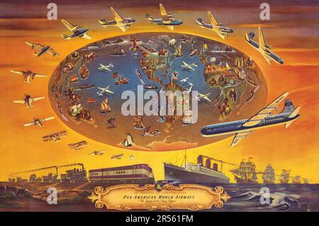 Pan American World Airways - 1946 - Pictorial map showing Pan Am routes including the evolution of ships, aeroplanes and trains Stock Photo