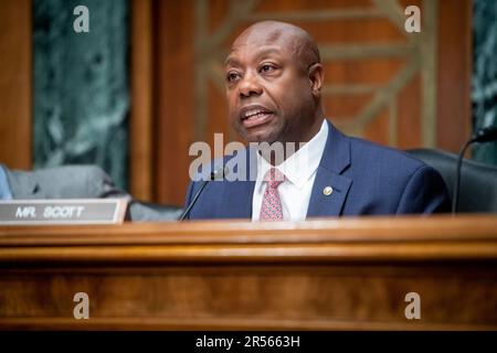 United States Senator Tim Scott (Republican of South Carolina), Ranking Member, US Senate Committee on Banking, Housing, and Urban Affairs questions the panel during a Senate Committee on Banking, Housing, and Urban Affairs hearing to examine countering China, focusing on advancing U.S. national security, economic security, and foreign policy, in the Dirksen Senate Office Building, in Washington, DC, Wednesday, May 31, 2023. Credit: Rod Lamkey / CNP/Sipa USA Stock Photo