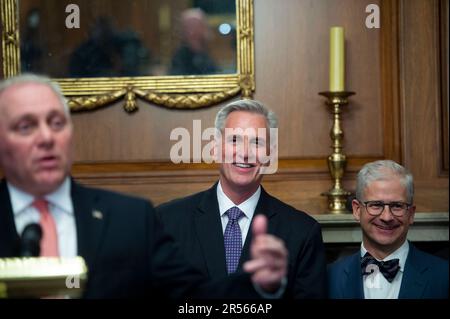 Washington, United States Of America. 31st May, 2023. Speaker of the United States House of Representatives Kevin McCarthy, center, (Republican of California) and United States Representative Patrick McHenry, right, (Republican of North Carolina) listen while United States House Majority Leader Steve Scalise, left, (Republican of Louisiana) offers remarks following passage of H.R. 3746, the Bipartisan Budget Agreement, at the US Capitol in Washington, DC, Wednesday, May 31, 2023. Credit: Rod Lamkey/CNP/Sipa USA Credit: Sipa USA/Alamy Live News Stock Photo