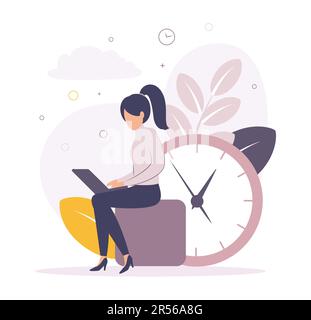 Time management. Illustration of a woman working on a laptop near the big clock, on the background of leaves, watches, clouds, circles. Image of a Stock Vector