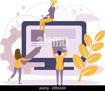 Website creation. A team of specialists creates a website. A man and a woman are working on a website Stock Vector
