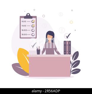 Time management. Illustration of a woman sitting at a table on which papers and folders, above them a check mark about a job, on a background a graph Stock Vector