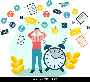 The man grabbed his head. Lack of time. Organization of time. Time planning. Stock Vector
