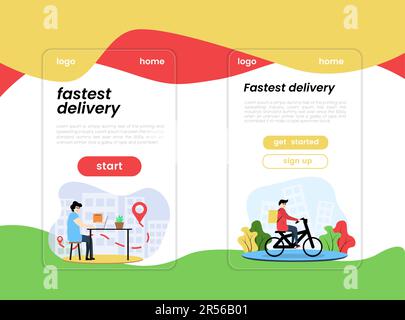 Set of fast delivery banner illustrations. Illustration of a courier on a bicycle delivers on the background of buildings and plants with the Stock Vector