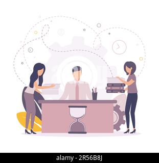Time management illustration. Illustration of a man sitting at a table, an hourglass in front of him, next to a woman are holding documents, folders Stock Vector