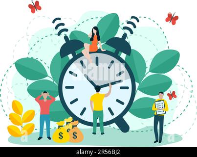 People near the clock. Waste of time. Organization of time. A woman is sitting on a watch. A man controls the clock. The man grabbed his head. A man Stock Vector