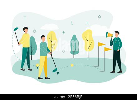 Golf illustration. Golf players with clubs in their hands are trained by a man with a shout in his hands on a golf course with flagpoles and trees. Stock Vector