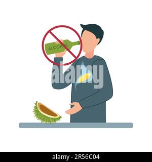 Illustration with a sign prohibiting drinking alcohol with the durian fruit. A man ate durian, drinks alcohol from a bottle on which a prohibition Stock Vector