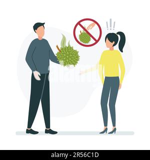 Illustration with a sign denoting a durian fruit can be touched only with gloves. Without gloves, you cannot take fruit. A man holds a durian in Stock Vector