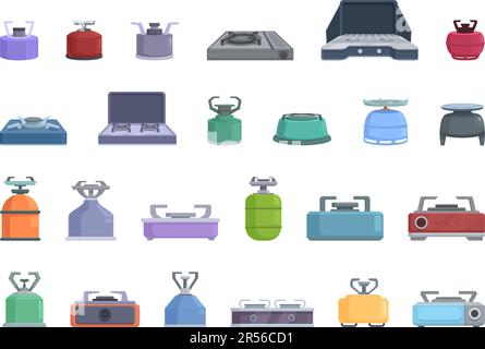 Camping stove icons set cartoon vector. Cooker fuel. Gas stove Stock Vector