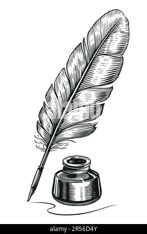 Inkwell and feather quill dip pen in vintage engraving style. Hand drawn sketch vector illustration Stock Vector
