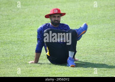 Mohammad Nabi, Afghanistan star player during Practice session at Sher-e-Bangla National Cricket Stadium, Mirpur, Dhaka, Bangladesh. Stock Photo