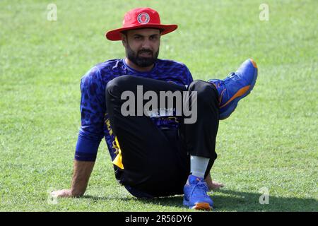 Mohammad Nabi, Afghanistan star player during Practice session at Sher-e-Bangla National Cricket Stadium, Mirpur, Dhaka, Bangladesh. Stock Photo