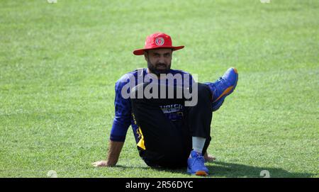 Mohammad Nabi, Afghanistan star player during Practice session at Sher-e-Bangla National Cricket Stadium, Mirpur, Dhaka, Bangladesh. Stock Photo